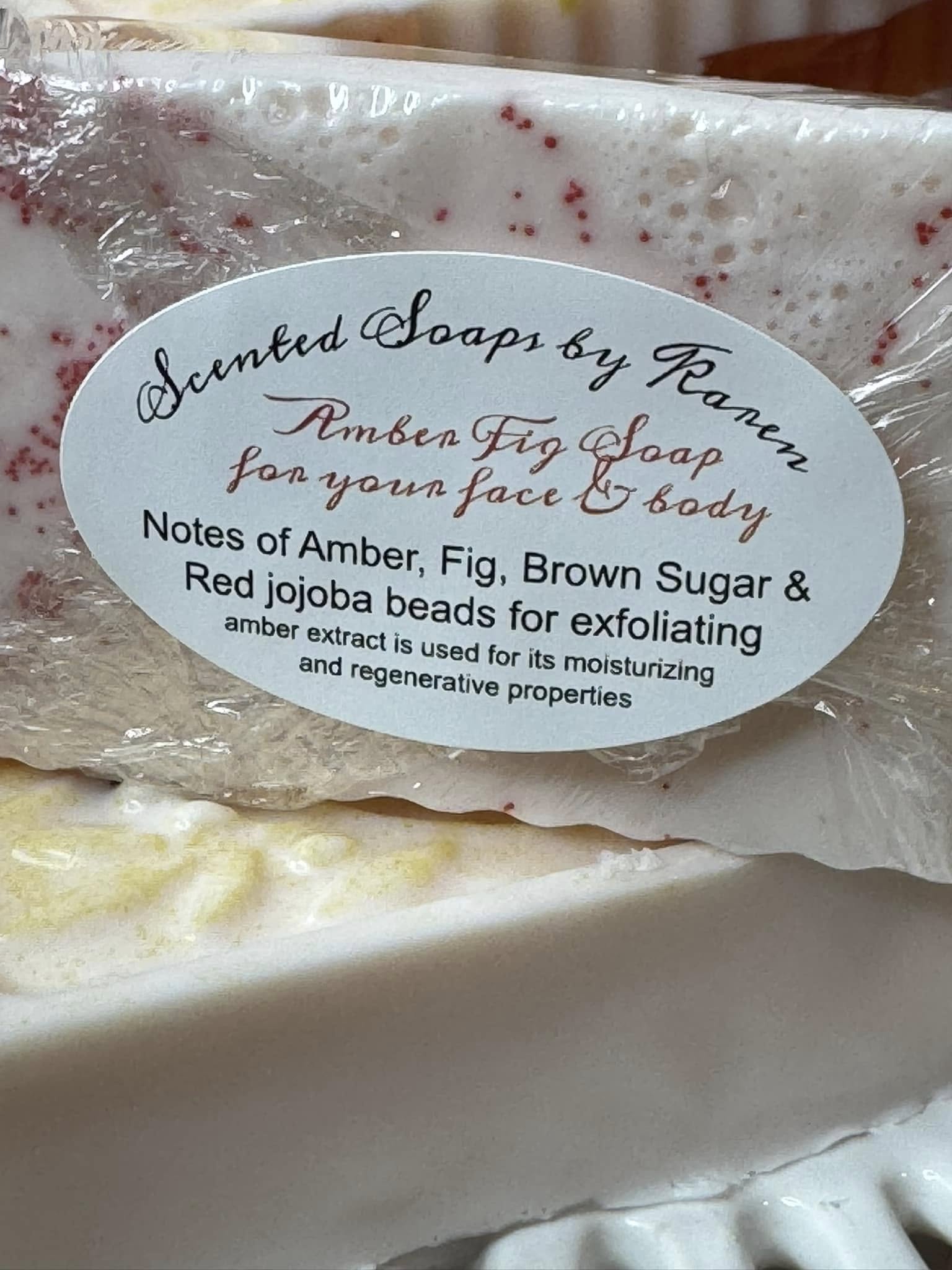 Amber-Fig Shea Butter Soap with red jojoba exfoliating beads. Glycerin added to the center, Pumpkin Powder contains antioxidants