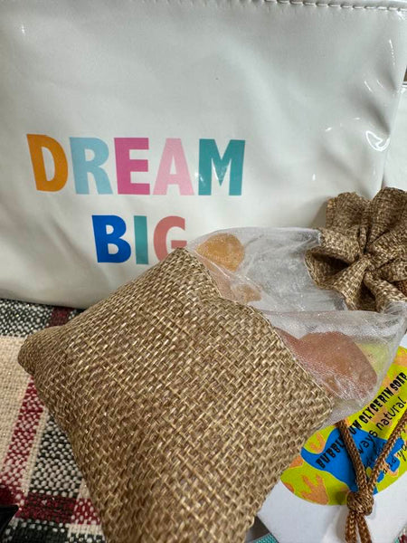 DREAM BIG dinosaur soap tucked into a cute burlap bag (4). Jiggle soap, Snow flake. Bubblegum scent. In a jar. Tucked into a zipped bag