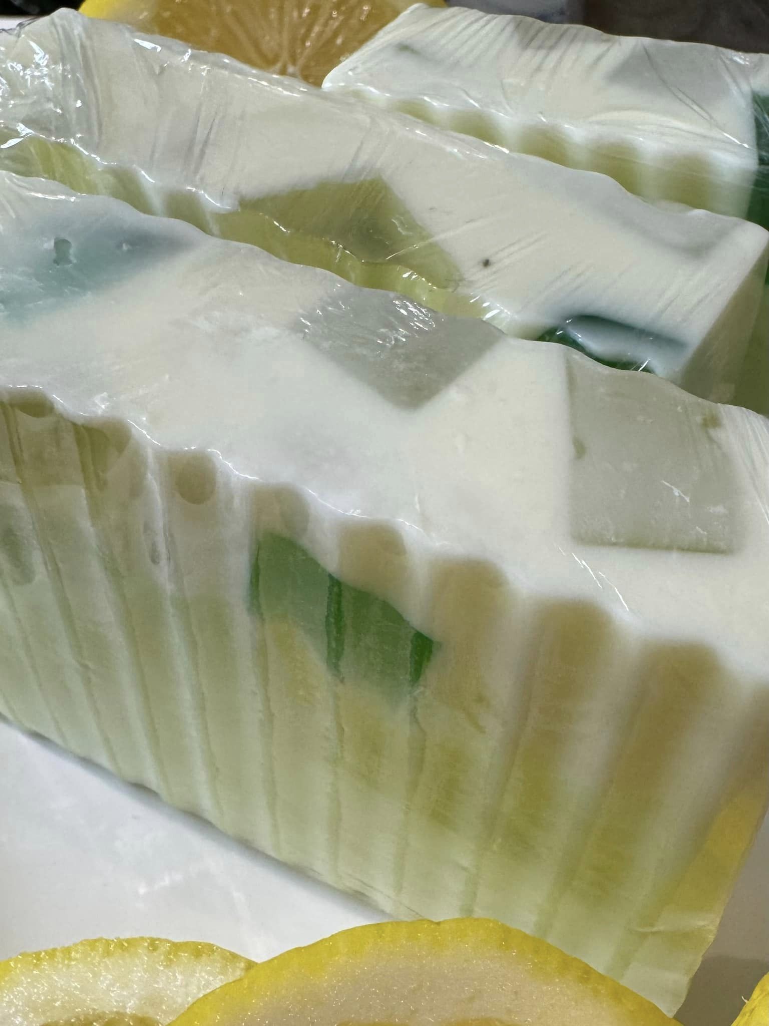 Lemon and Green Tea. Shea Butter and Aloe Vera Soap. Gentle enough for daily use on your face.