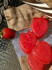 Strawberry and Pineapple Glycerin Soap. 4 per package. Tucked into a burlap bag with a peekaboo mesh center