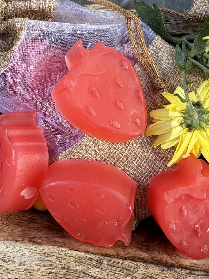 Strawberry and Pineapple Glycerin Soap. 4 per package. Tucked into a burlap bag with a peekaboo mesh center